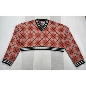 The Ragged Priest Springer Knit Cropped V-Neck Argyle Sweater Pink Women's Small